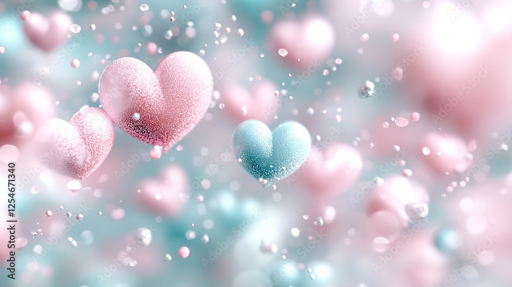 Colorful hearts scattered in a dreamy background with soft bokeh effect and falling sparkles creating a romantic atmosphere Colorful hearts scattered in a dreamy background with soft bokeh effect and falling sparkles creating a romantic atmosphere