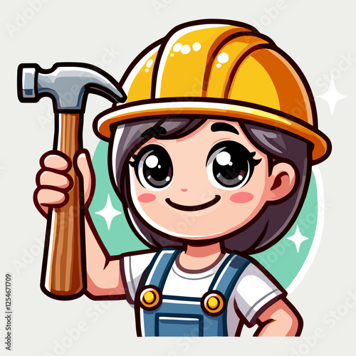 Cute cartoon female construction worker holding a hammer
