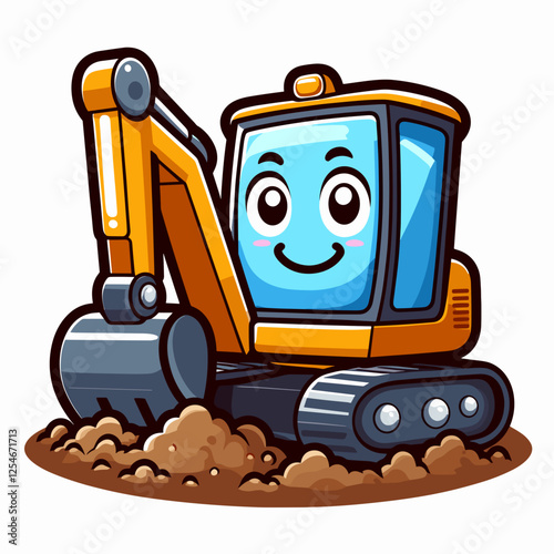 Cute cartoon excavator with a smiling face on dirt