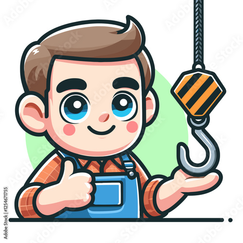 Cute cartoon construction worker giving thumbs up near a crane hook