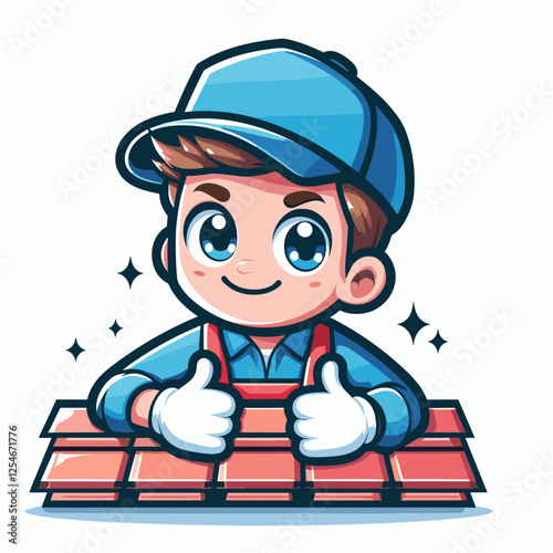 Happy roofer giving thumbs up with roof tiles