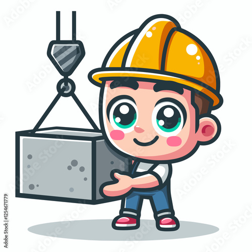 Cute cartoon construction worker lifting a concrete block with a crane