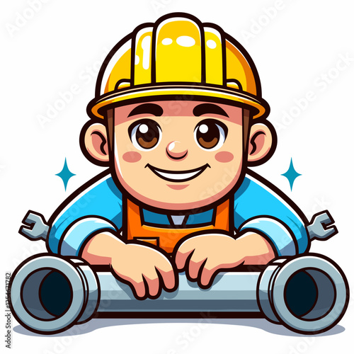 Cartoon plumber with pipes and wrenches