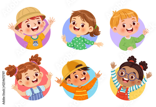 Vector illustration group of adorable and diverse children are smiling and waving cheerfully