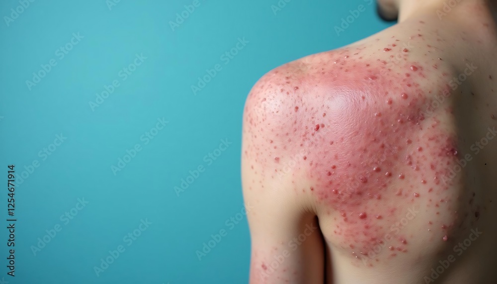 Fototapeta premium Medical Image Close up of Red Inflamed Skin with Multiple Bumps and Lesions on Back