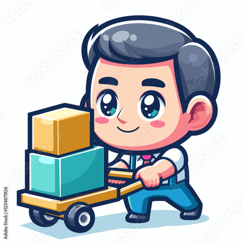 Cartoon delivery worker pushing hand truck with boxes