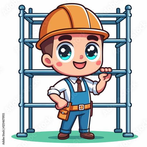 Cute construction worker standing in front of scaffolding