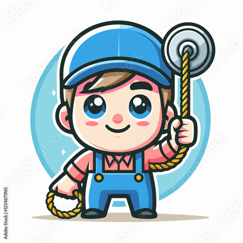 Cute construction worker holding pulley and rope