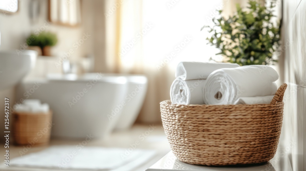 Rolled white towels in a wicker basket in a bathroom. Rolled white towels in a wicker basket in a bathroom.