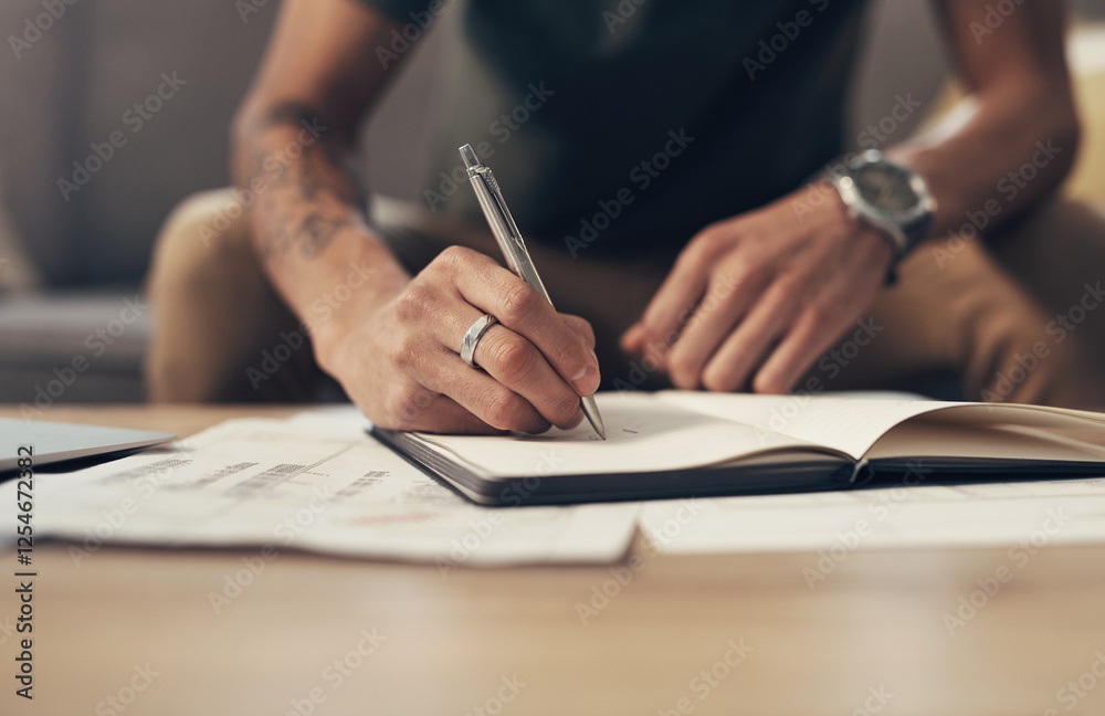 Bills, sofa and hands of man writing finance notes with invoice, home budget and income tax report. Financial plan, management and person on couch with notebook, paperwork and insurance application Bills, sofa and hands of man writing finance notes with invoice, home budget and income tax report. Financial plan, management and person on couch with notebook, paperwork and insurance application