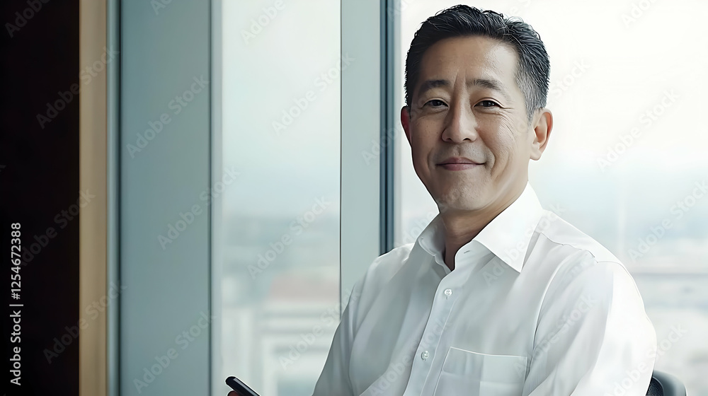 Smiling Middle-Aged Businessman in Modern Office Smiling Middle-Aged Businessman in Modern Office