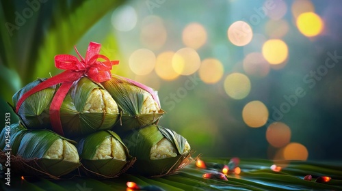 Fototapeta Naklejka Na Ścianę i Meble -  Festive wrapped treats, tropical setting, bokeh background, holiday gift