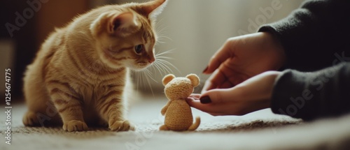 A curious kitten plays with a small crocheted toy, captivated by its intricate texture and design.