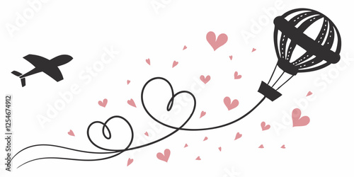Hand-drawn hearts line background with hot balloon and airplane for valentine day