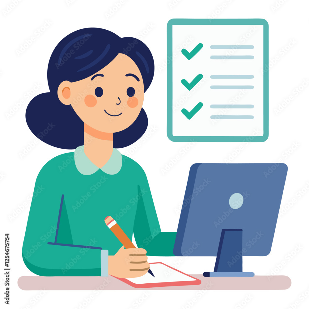 Asian teacher woman use computers and touch on virtual screen. fill out survey forms online and answer questions of the tes Asian teacher woman use computers and touch on virtual screen. fill out survey forms online and answer questions of the tes