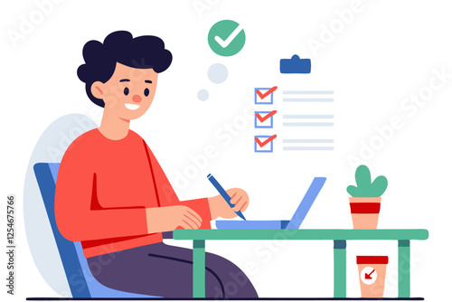 A student sits at a table in a cafe. using a pencil to mark off tasks on a to-do list.