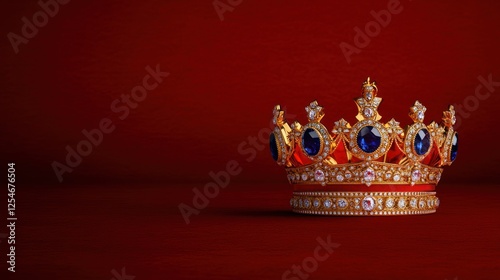Royal Golden Crown with Jewels on Pillow, UK Monarchy Symbol on Red Background with Copyspace