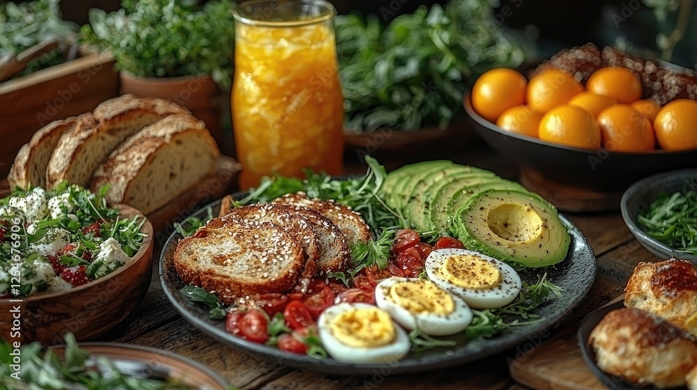 A vibrant brunch spread featuring eggs, avocado, fresh greens, and a refreshing drink in a cozy setting A vibrant brunch spread featuring eggs, avocado, fresh greens, and a refreshing drink in a cozy setting