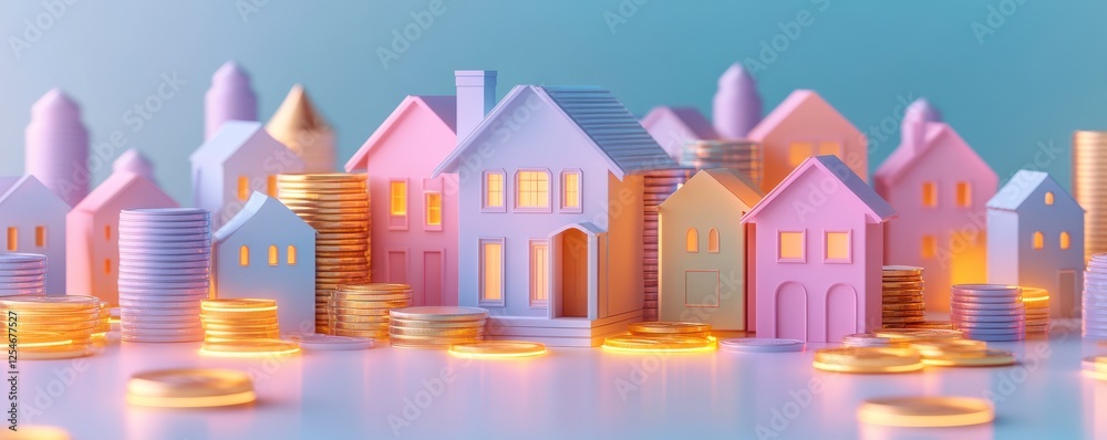 Colorful houses with stacked coins symbolize wealth and real estate investment in a vibrant and playful setting. Colorful houses with stacked coins symbolize wealth and real estate investment in a vibrant and playful setting.