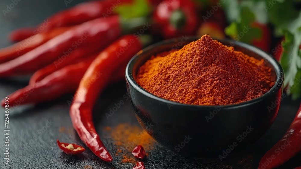 A bowl of chili powder surrounded by fresh red chilies, showcasing vibrant spices. A bowl of chili powder surrounded by fresh red chilies, showcasing vibrant spices.