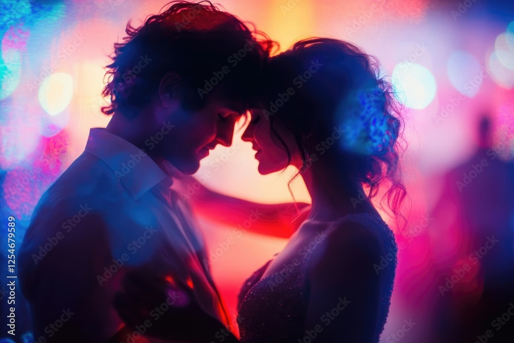 Silhouette of a couple embracing intimately at a vibrant, colorful party. Silhouette of a couple embracing intimately at a vibrant, colorful party.