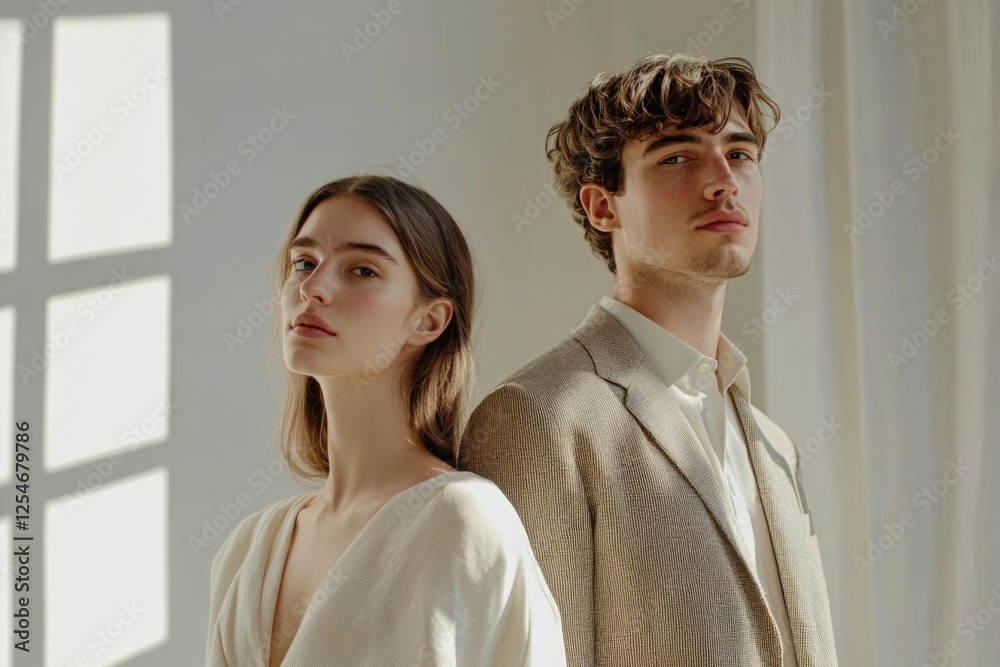 A young couple poses elegantly against a sunlit wall, showcasing a minimalist aesthetic. A young couple poses elegantly against a sunlit wall, showcasing a minimalist aesthetic.
