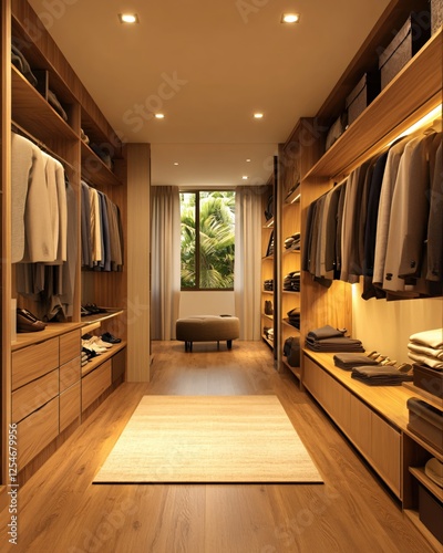 Warm illuminated walk in closet with wooden shelves and a window showing tropical foliage