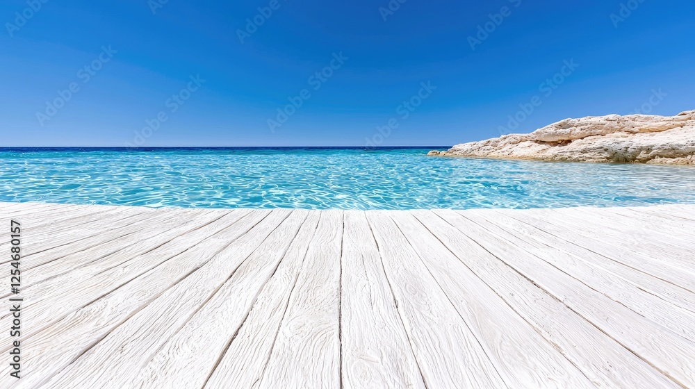 Fototapeta premium White wooden dock over turquoise water, sunny day