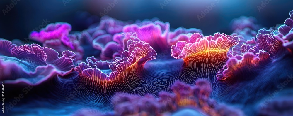 Microscopic ocean life microscopic concept. Vibrant underwater scene showcasing colorful coral formations in the ocean depths.