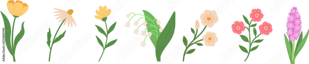 Set of spring blossom flowers vector illustrations. Hand draw style Set of spring blossom flowers vector illustrations. Hand draw style