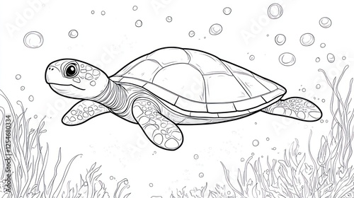 Underwater Turtle Coloring Page, Peaceful Sea, Educational Coloring photo