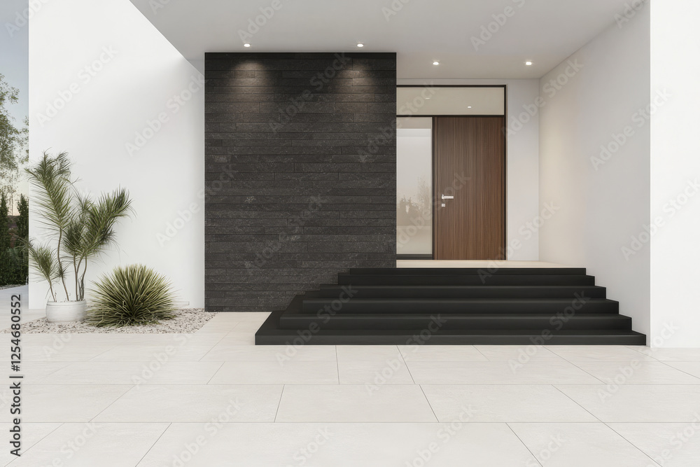Obraz premium Modern entrance with sleek staircase and minimalist design in bright daylight
