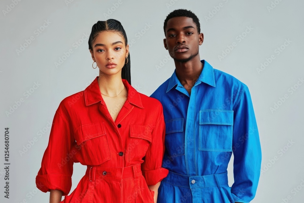 A young woman in a red jumpsuit and a young man in a blue jumpsuit stand side by side. A young woman in a red jumpsuit and a young man in a blue jumpsuit stand side by side.