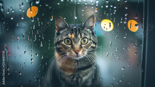 Picture a cat staring out of a rainy window