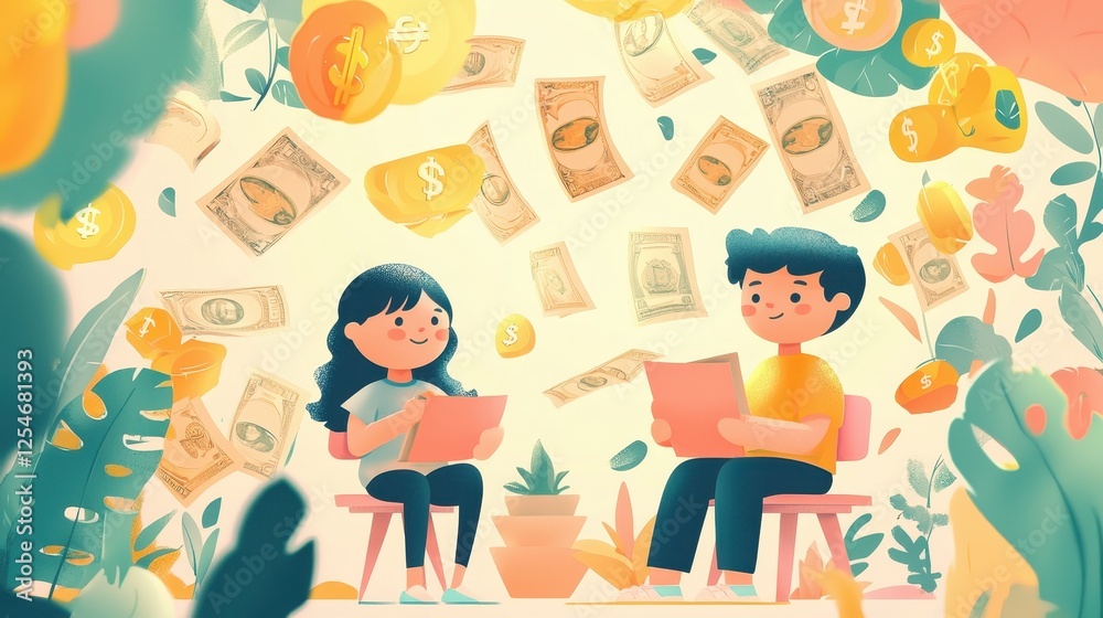 Kids learning about money management classroom digital art bright engaging financial literacy Kids learning about money management classroom digital art bright engaging financial literacy