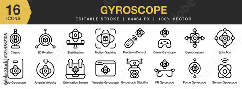 Gyroscope icon set. Editable Stroke Icon Collection. Includes gyroscope, sensor, technology, device, equipment, and More. Outline icons vector collection.