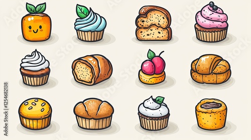 Colorful assortment of cartoon-style desserts and baked goods on a light background