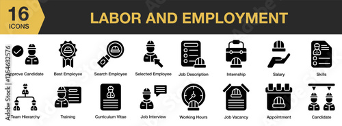 Labor And Employment solid icon set. Includes regulation, contract, legislation, professional, labour, and More. Solid icons vector collection.