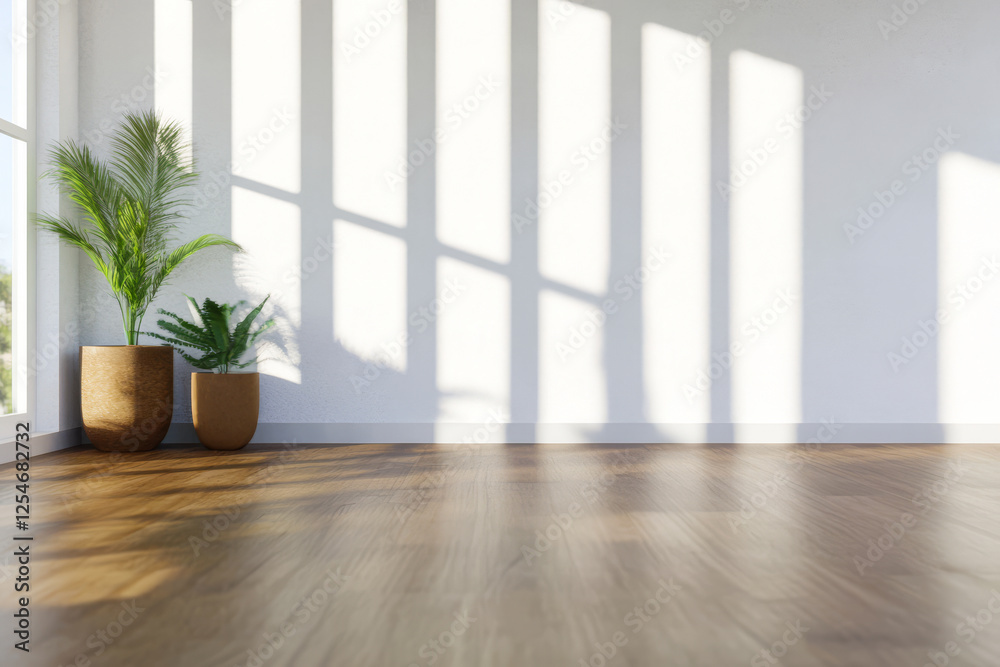 Fototapeta premium Bright interior space with plants and shadows creating a calming atmosphere