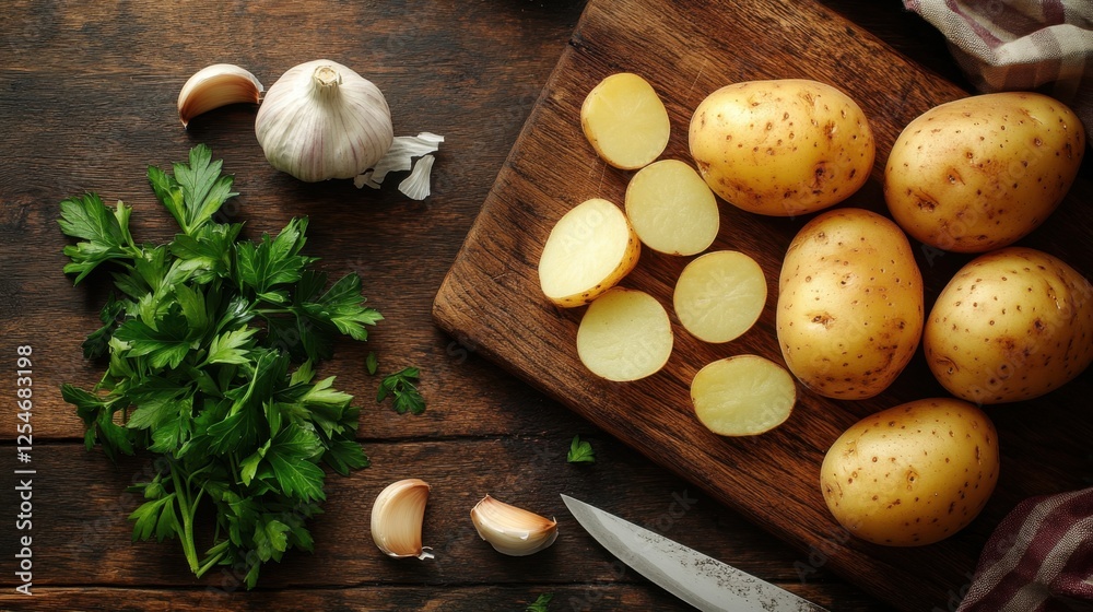 Overhead Shot of Whole Sliced Potatoes on Wooden Cutting Board Overhead Shot of Whole Sliced Potatoes on Wooden Cutting Board