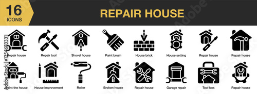 Repair House solid icon set. Includes wall, equipment, window, architecture, installing, and More. Solid icons vector collection.