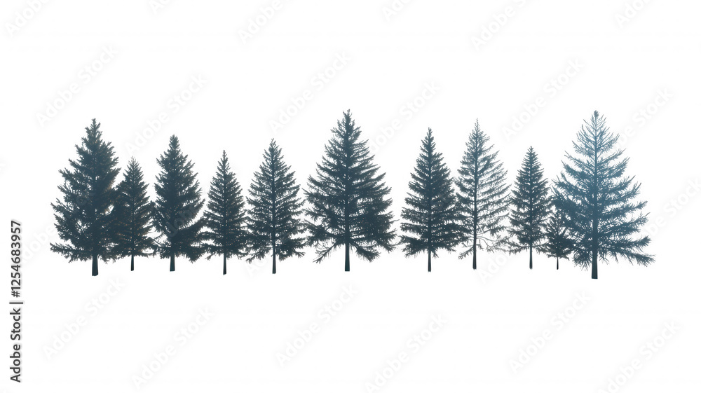 Fototapeta premium A row of evergreen trees displaying various heights and shapes, showcasing a natural, forest-like appearance.