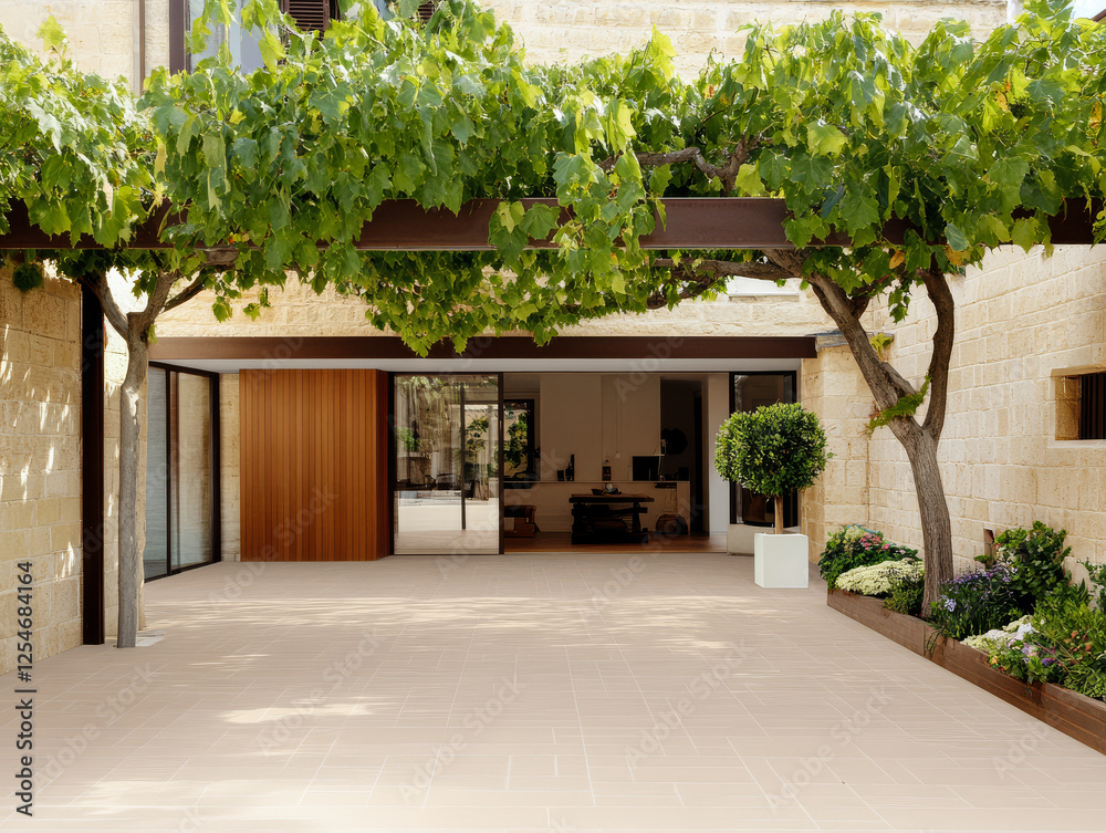 Modern courtyard with lush greenery and inviting outdoor space in a stylish home Modern courtyard with lush greenery and inviting outdoor space in a stylish home