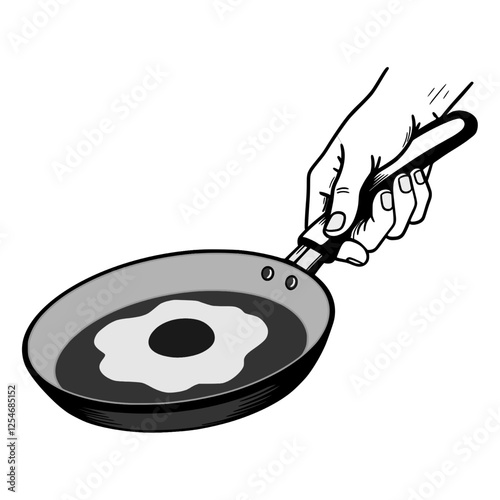 Vector line art illustration a human hand holding frying pan with egg omelette