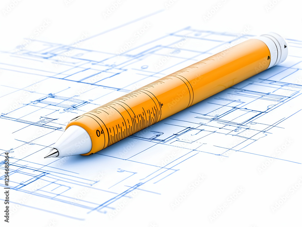 3D Illustration Yellow Pen on Blueprint