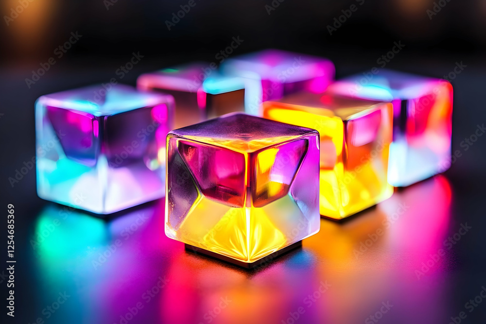 Fototapeta premium Colorful illuminated cubes on dark surface