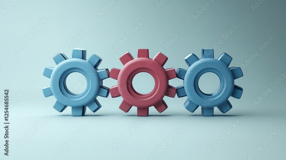 Three gears interlocked, one red, two blue. Three gears interlocked, one red, two blue.