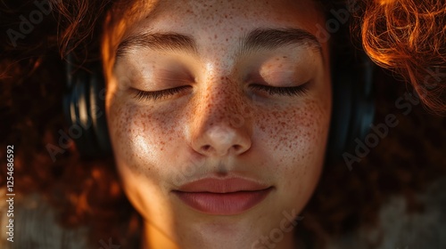 Close-up portrait of young woman with freckles enjoying music in sunlight