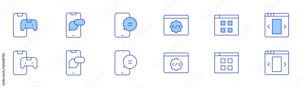 Application icon set in two styles, Duotone and Thin Line style. Editable stroke. api, game, menu, notifications, phone, ui design Application icon set in two styles, Duotone and Thin Line style. Editable stroke. api, game, menu, notifications, phone, ui design