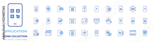 Application icons collection. Line Duotone style, editable stroke. app, apps, charity, check in, dating app, menu, monitor, notifications, online shopping, phone, smartphone, telemedicine, ui design
